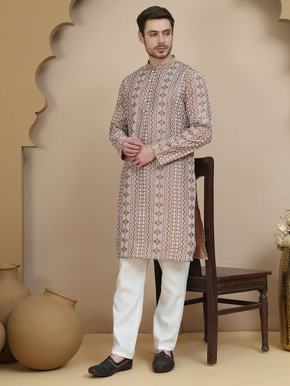 Geometric Print Silk Blend Straight Kurta Set For Men