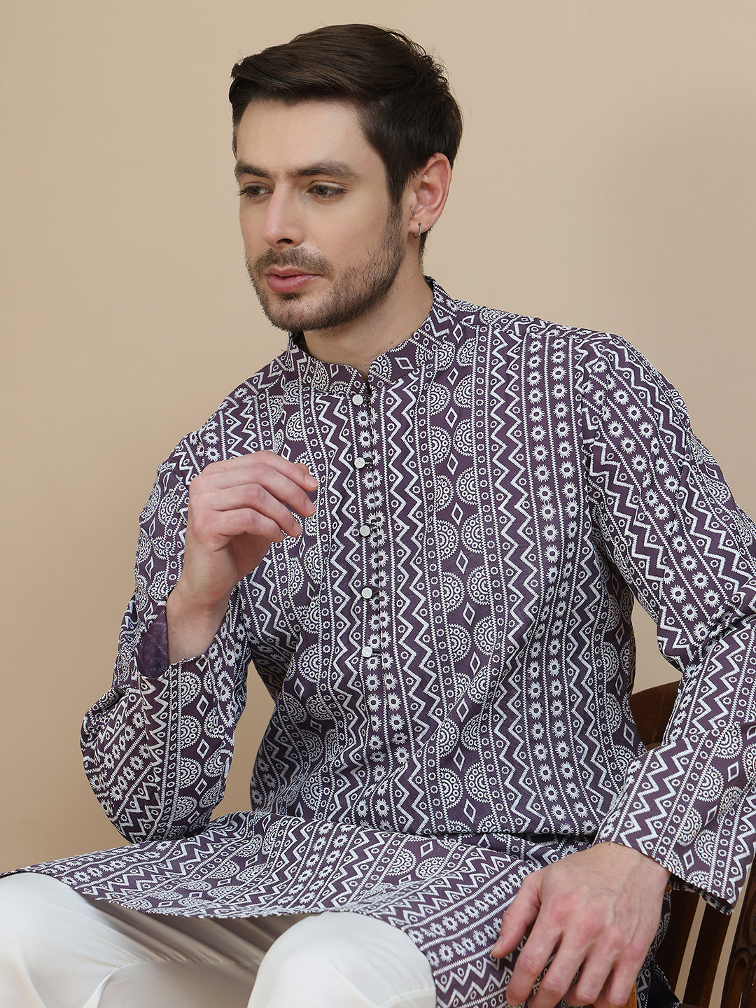 Geometric Print Silk Blend Straight Kurta Set For Men