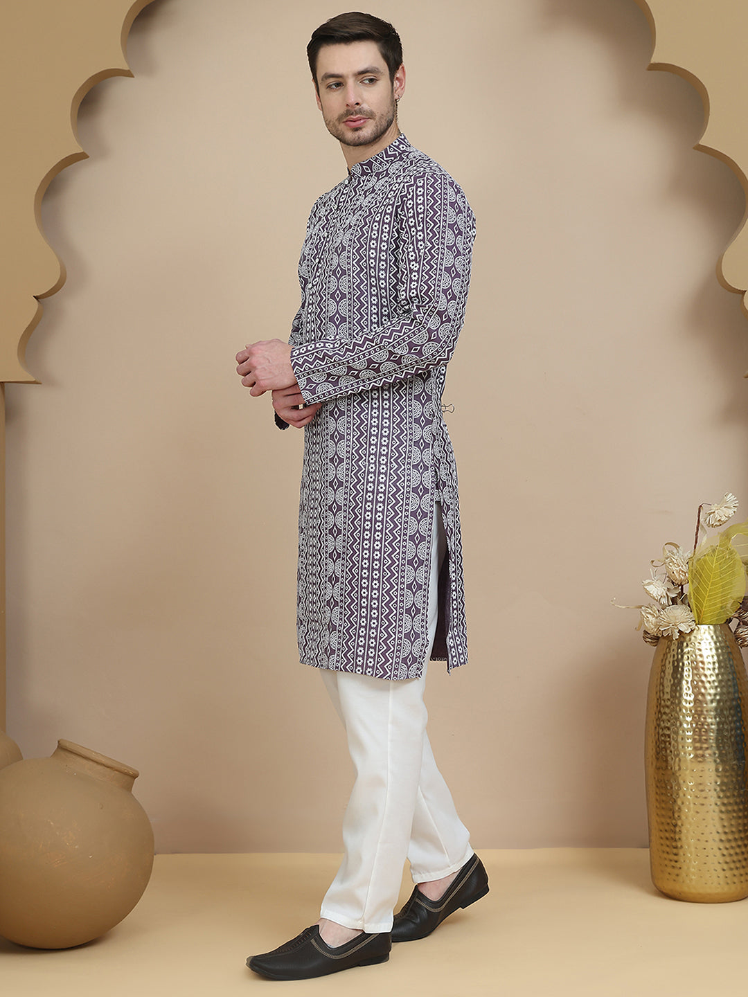 Geometric Print Silk Blend Straight Kurta Set For Men