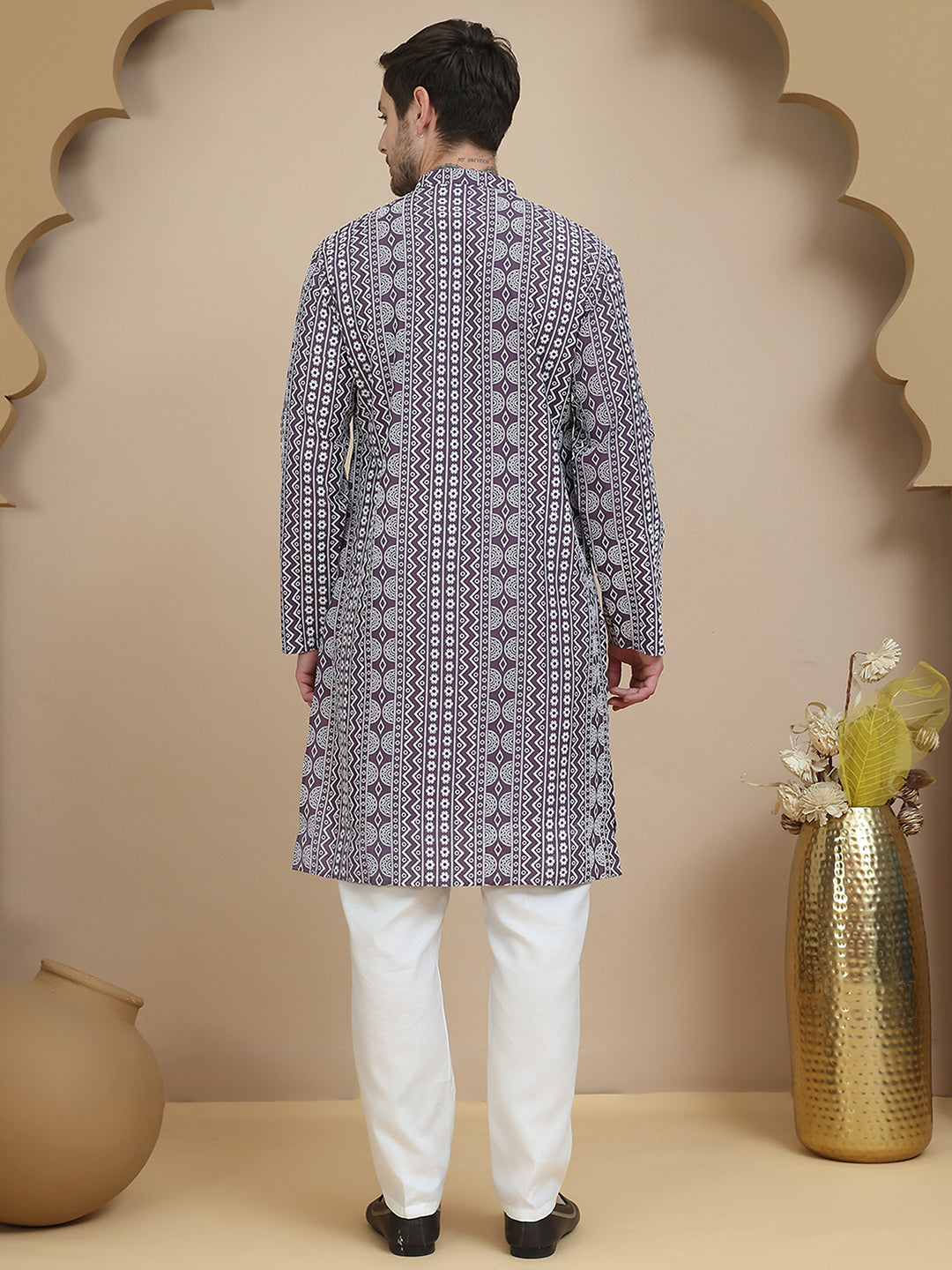 Geometric Print Silk Blend Straight Kurta Set For Men