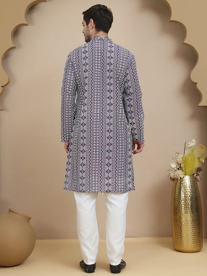 Geometric Print Silk Blend Straight Kurta Set For Men