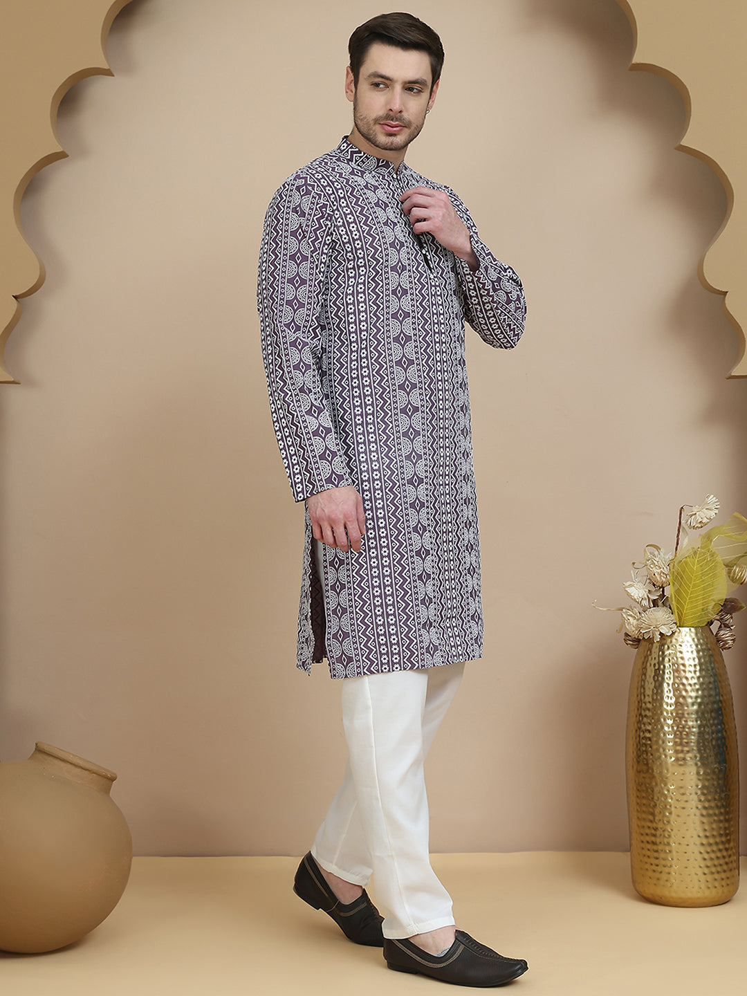 Geometric Print Silk Blend Straight Kurta Set For Men
