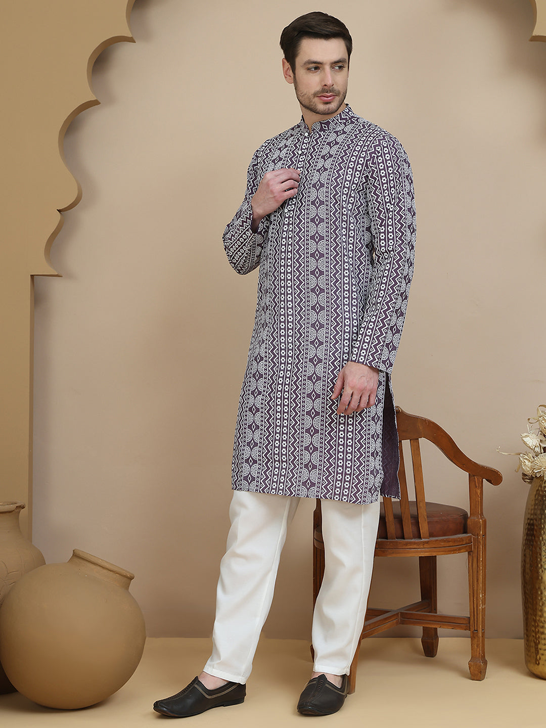 Geometric Print Silk Blend Straight Kurta Set For Men
