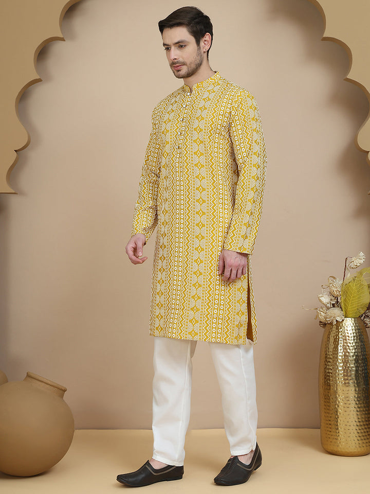 Geometric Print Silk Blend Straight Kurta Set For Men