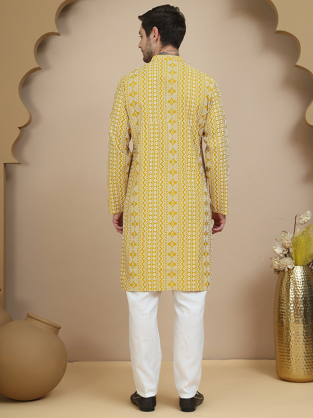 Geometric Print Silk Blend Straight Kurta Set For Men