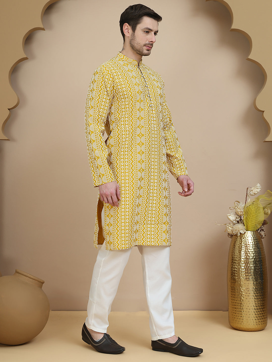 Geometric Print Silk Blend Straight Kurta Set For Men