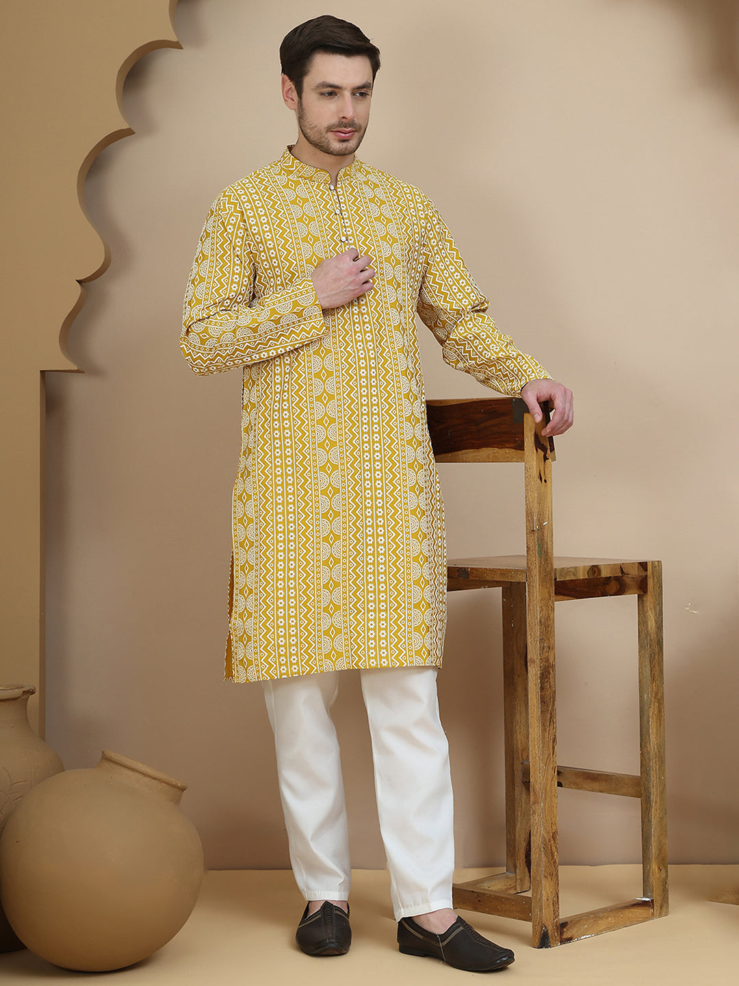 Geometric Print Silk Blend Straight Kurta Set For Men