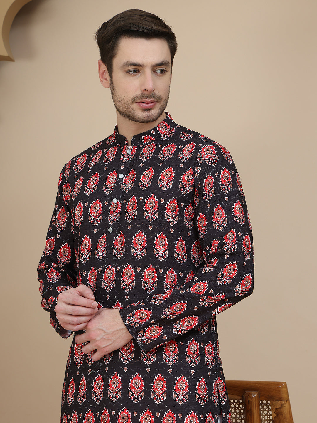 Printed Silk Blend Straight Kurta Set For Men