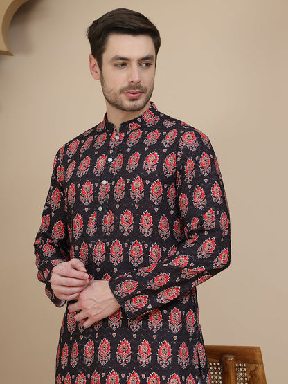 Printed Silk Blend Straight Kurta Set For Men