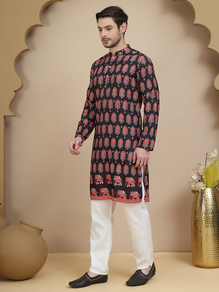 Printed Silk Blend Straight Kurta Set For Men