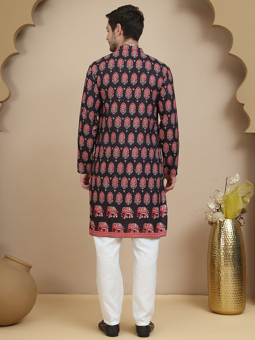 Printed Silk Blend Straight Kurta Set For Men
