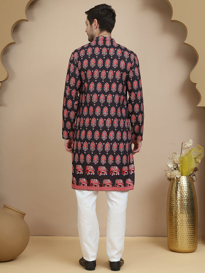 Printed Silk Blend Straight Kurta Set For Men