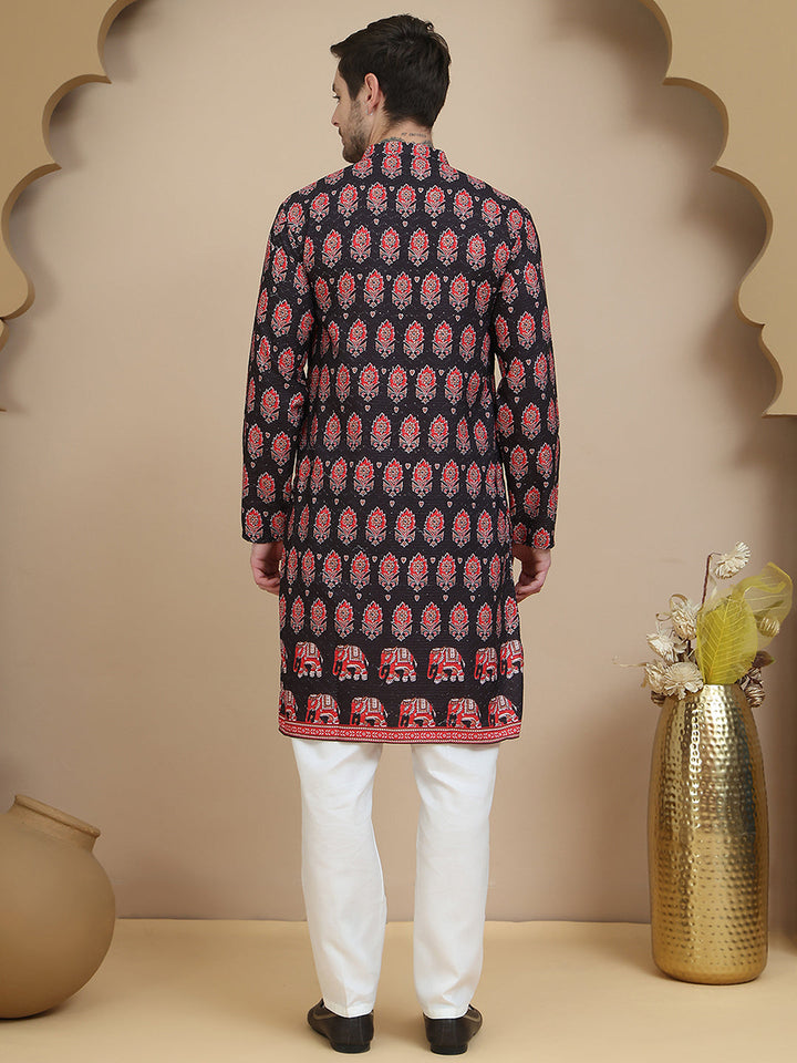Printed Silk Blend Straight Kurta Set For Men
