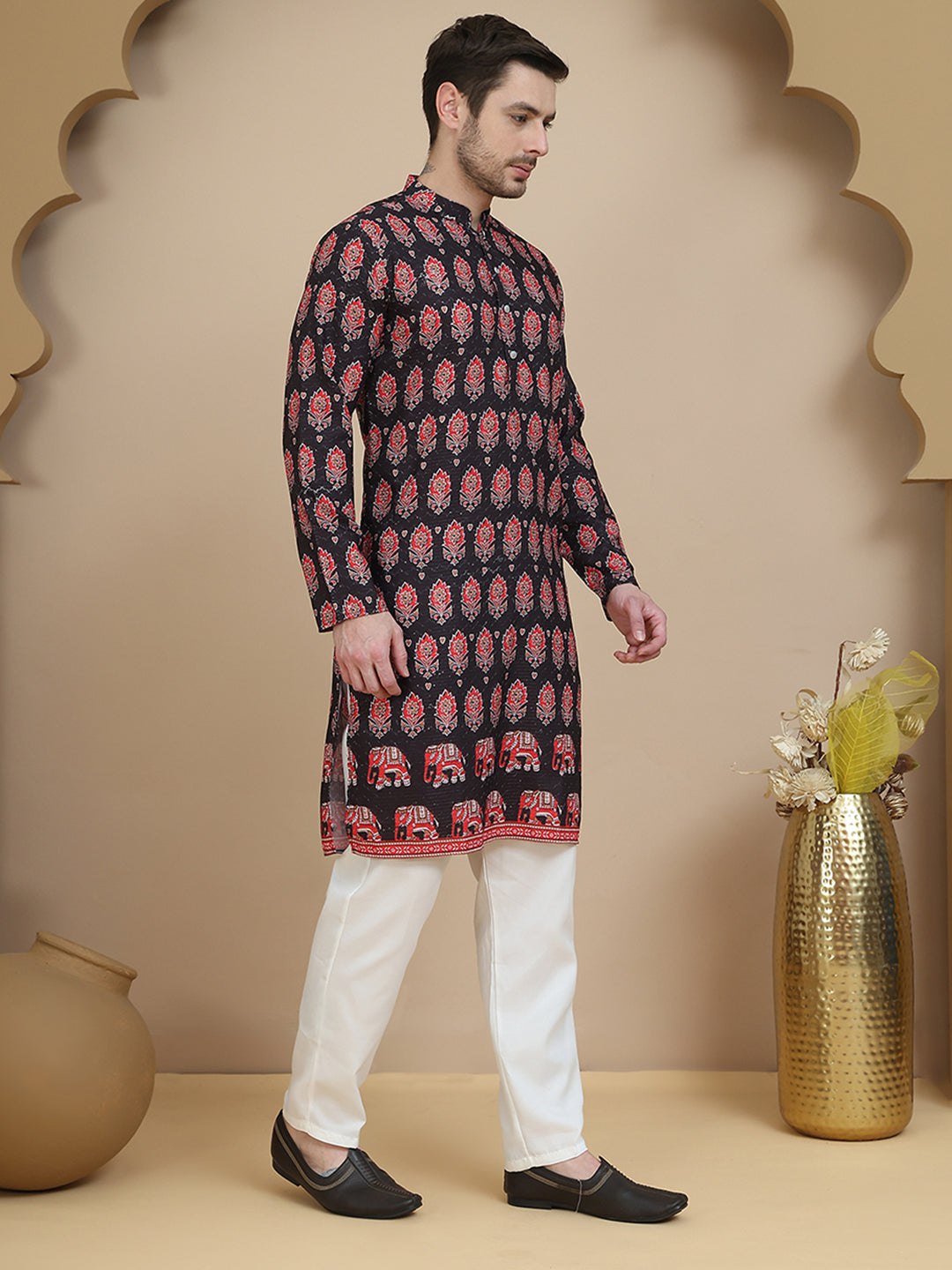 Printed Silk Blend Straight Kurta Set For Men
