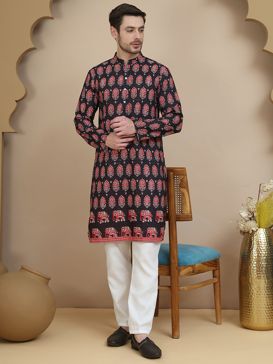 Printed Silk Blend Straight Kurta Set For Men