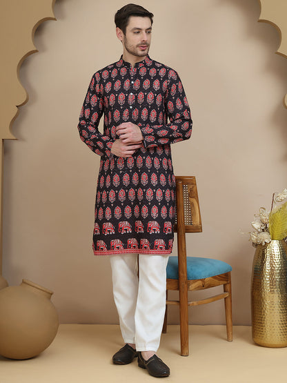 Printed Silk Blend Straight Kurta Set For Men