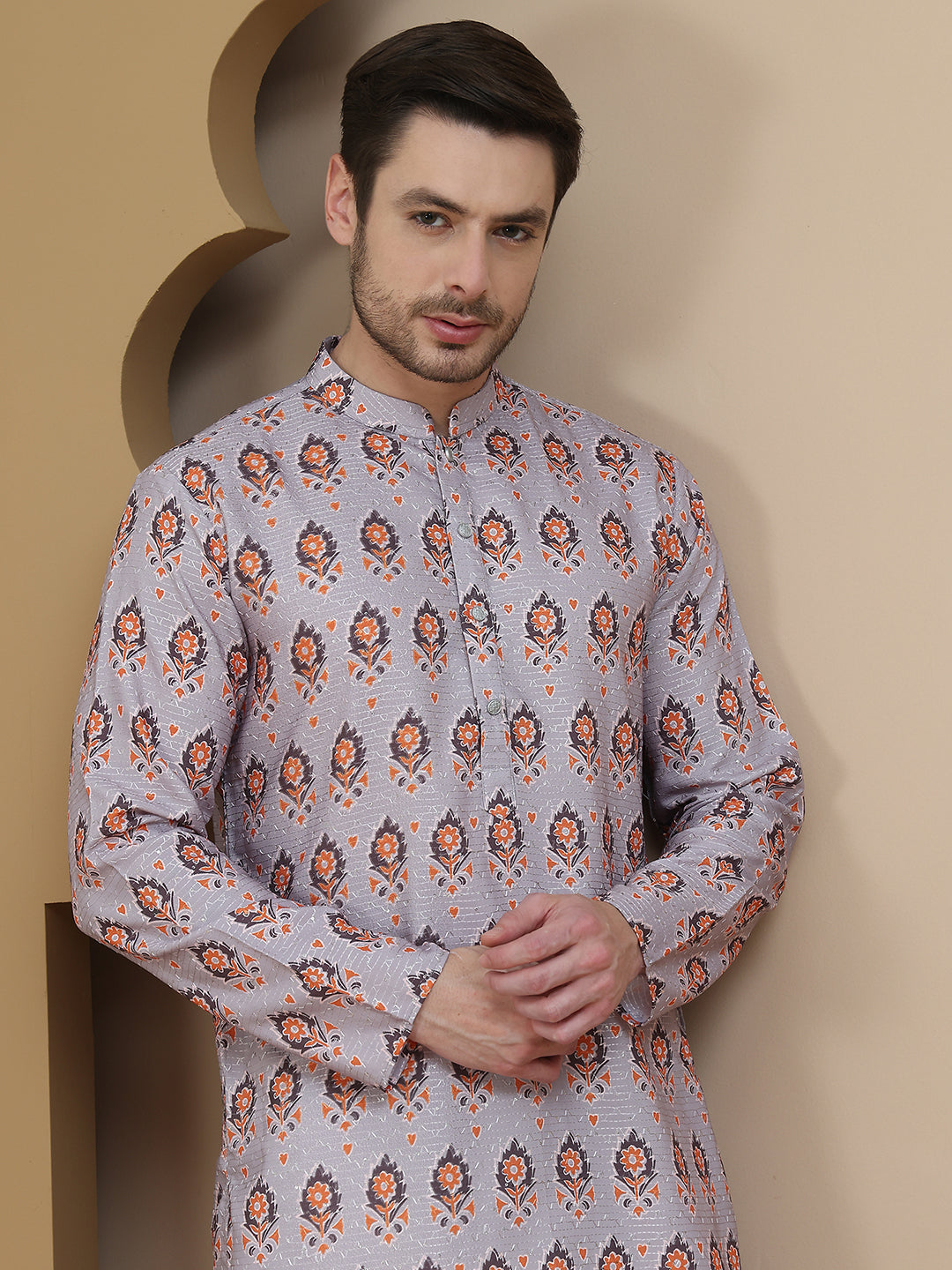 Printed Silk Blend Straight Kurta Set For Men
