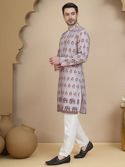 Printed Silk Blend Straight Kurta Set For Men