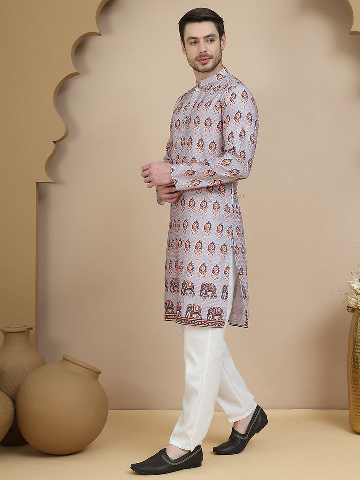 Printed Silk Blend Straight Kurta Set For Men