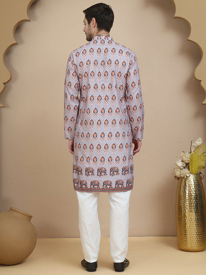 Printed Silk Blend Straight Kurta Set For Men