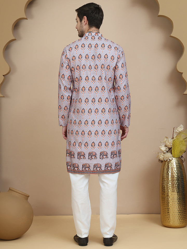 Printed Silk Blend Straight Kurta Set For Men