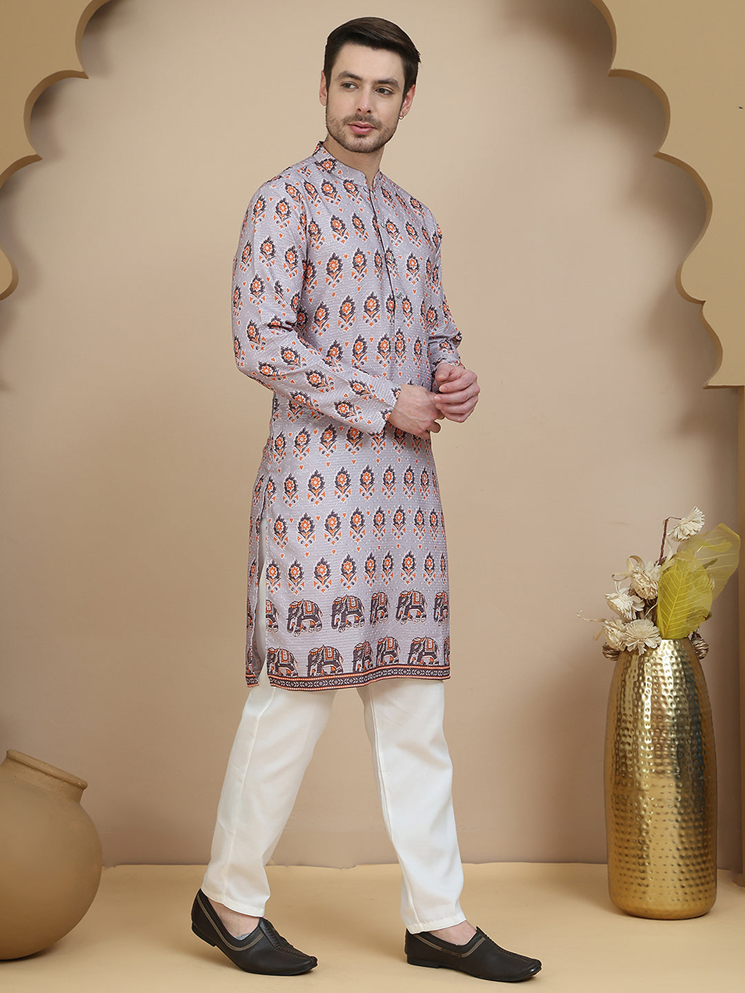 Printed Silk Blend Straight Kurta Set For Men