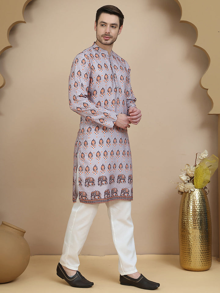 Printed Silk Blend Straight Kurta Set For Men