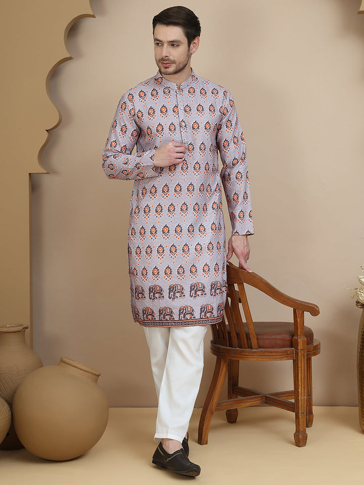 Printed Silk Blend Straight Kurta Set For Men
