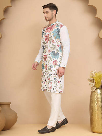 White Embroidered Kurta Set With Sequins & Zari Work