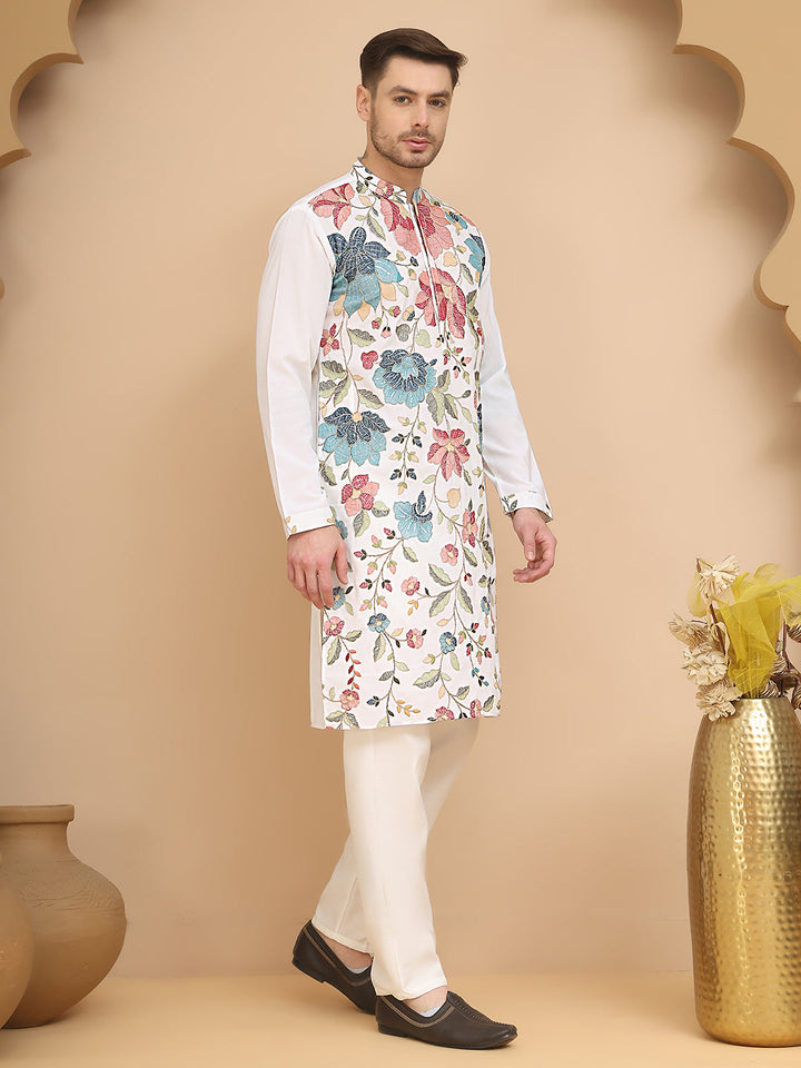 White Embroidered Kurta Set With Sequins &amp; Zari Work