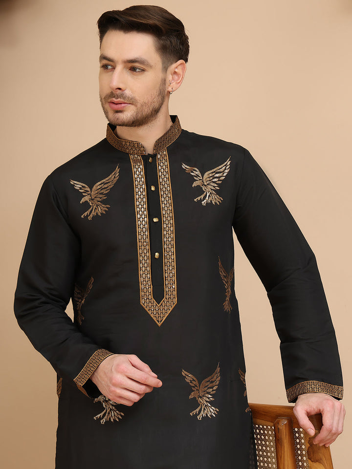 Silk Blend Kurta Pyjama Set With Golden Eagle Embroidery