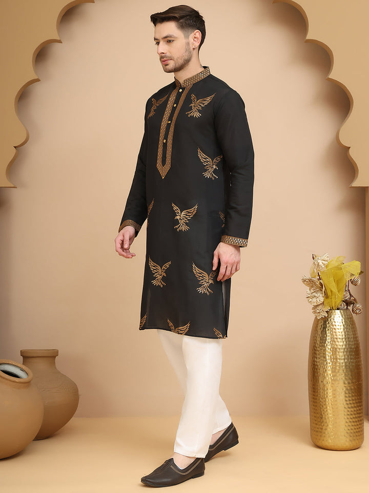 Silk Blend Kurta Pyjama Set With Golden Eagle Embroidery