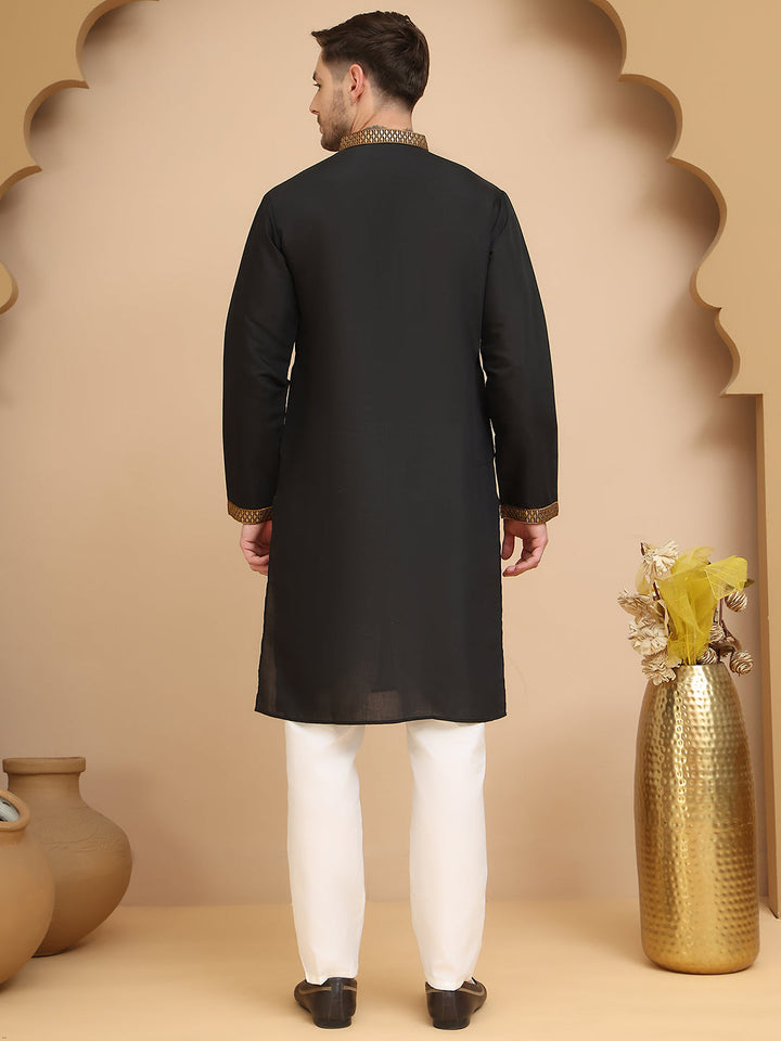 Silk Blend Kurta Pyjama Set With Golden Eagle Embroidery