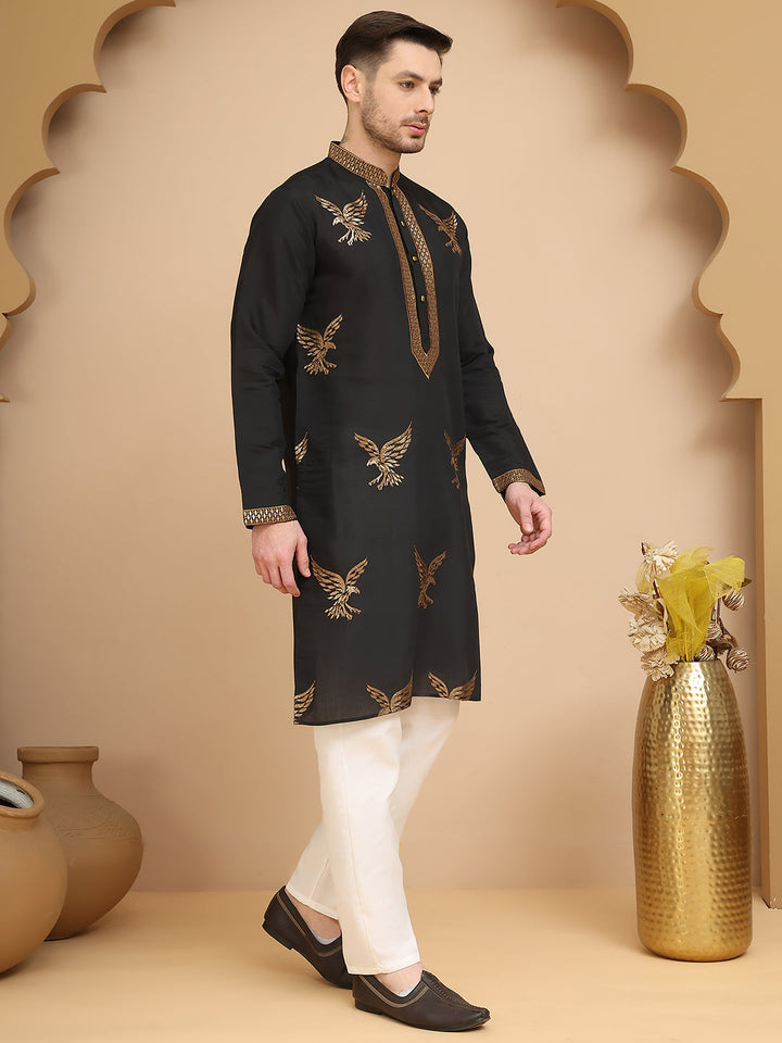 Silk Blend Kurta Pyjama Set With Golden Eagle Embroidery