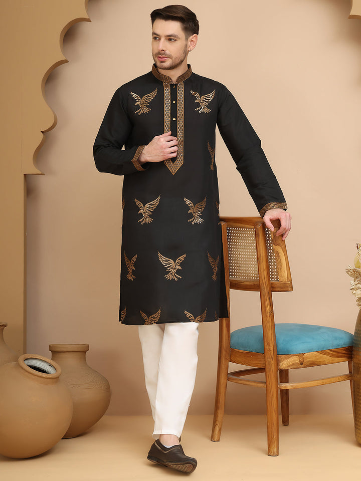 Silk Blend Kurta Pyjama Set With Golden Eagle Embroidery
