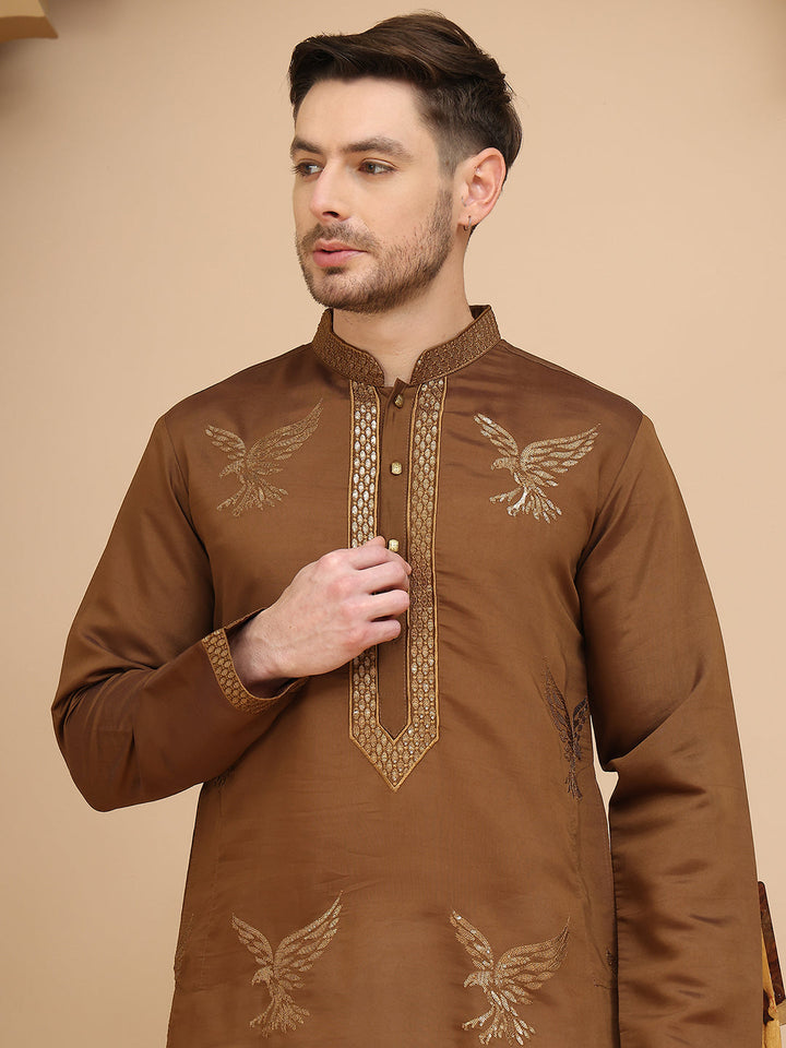 Silk Blend Kurta Pyjama Set With Golden Eagle Embroidery