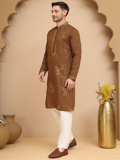 Silk Blend Kurta Pyjama Set With Golden Eagle Embroidery