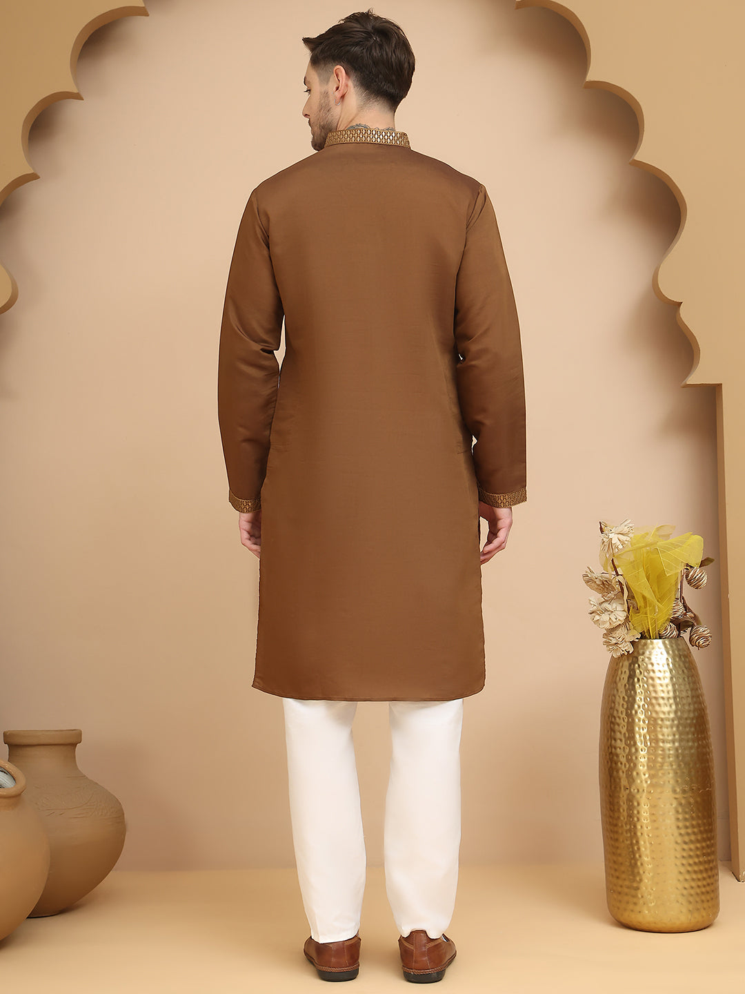 Silk Blend Kurta Pyjama Set With Golden Eagle Embroidery