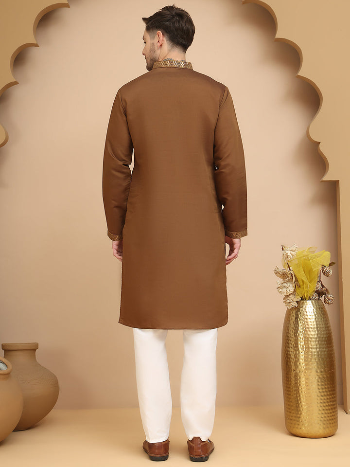 Silk Blend Kurta Pyjama Set With Golden Eagle Embroidery