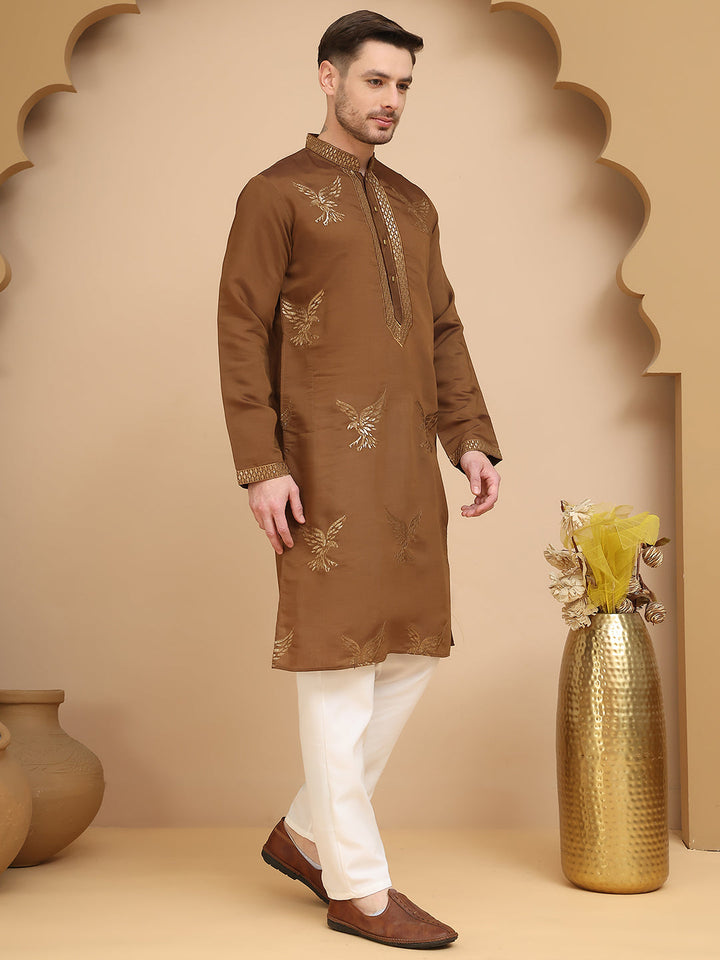 Silk Blend Kurta Pyjama Set With Golden Eagle Embroidery