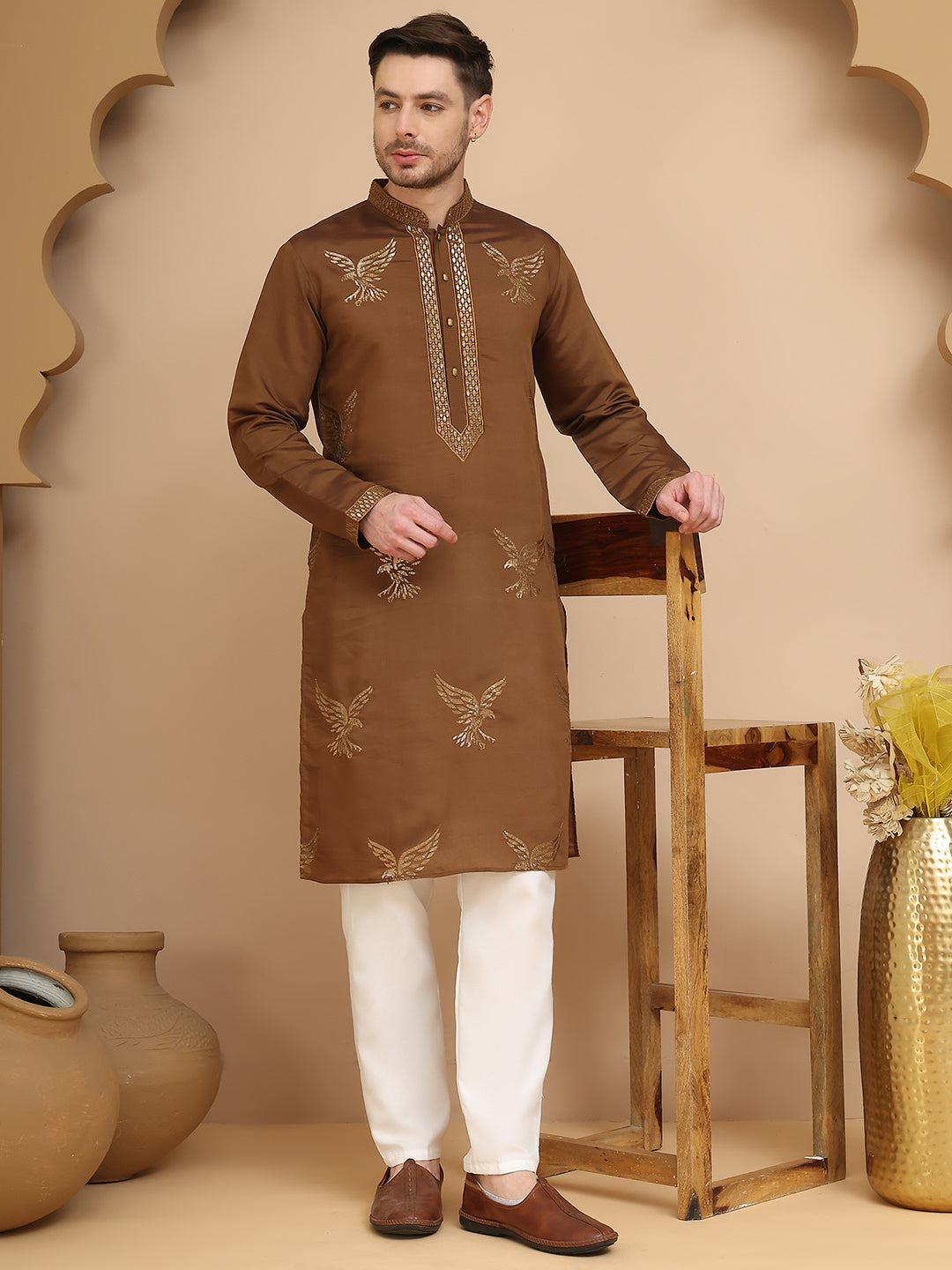 Silk Blend Kurta Pyjama Set With Golden Eagle Embroidery