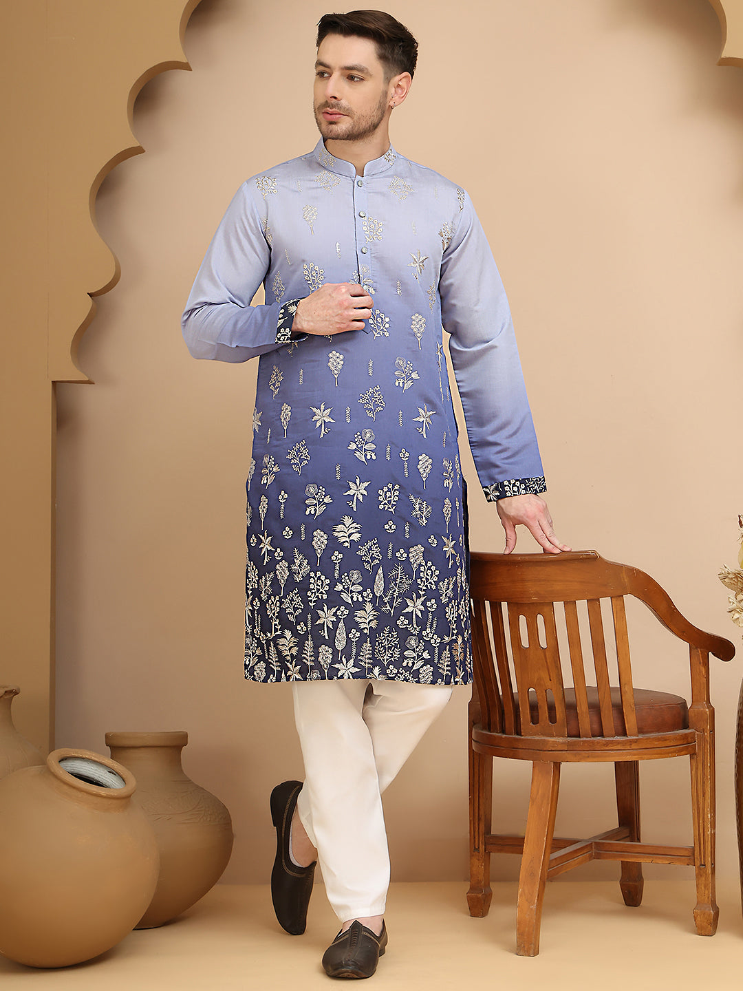 Ombre &amp; Embroidered Kurta Pyjama Set