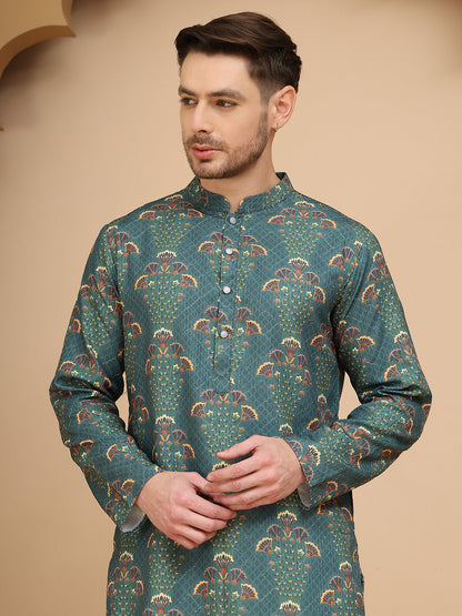 Printed Silk Blend Straight Kurta Set For Men