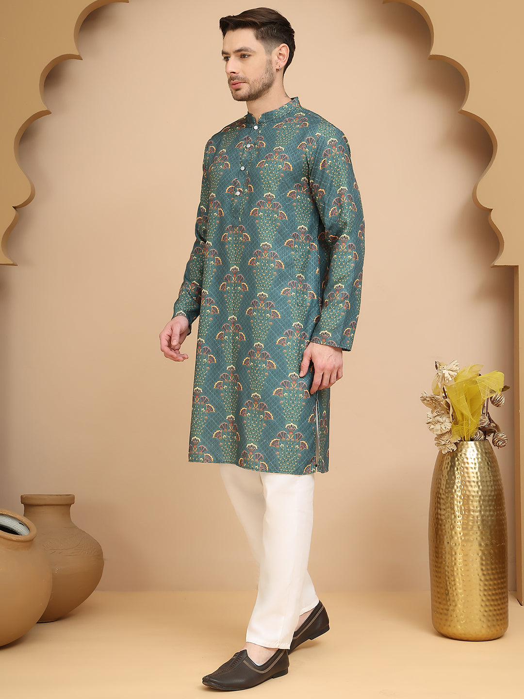 Printed Silk Blend Straight Kurta Set For Men