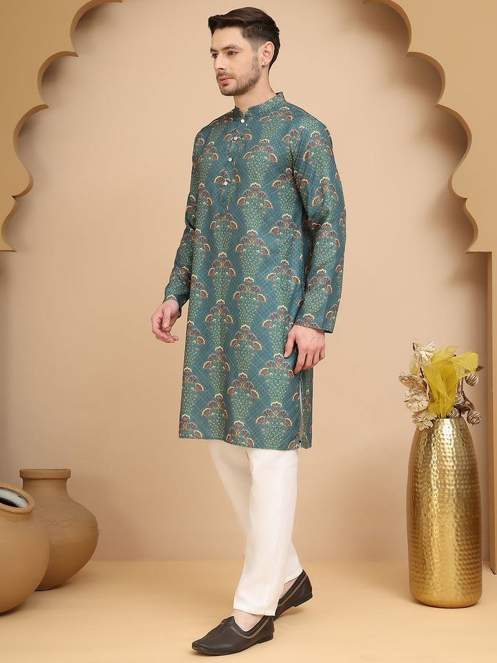 Printed Silk Blend Straight Kurta Set For Men