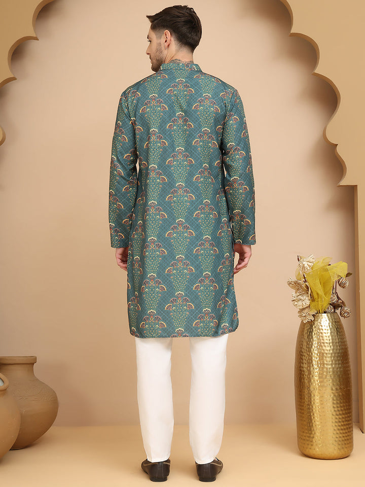 Printed Silk Blend Straight Kurta Set For Men