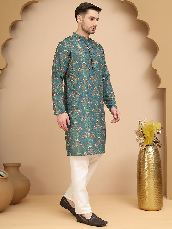 Printed Silk Blend Straight Kurta Set For Men