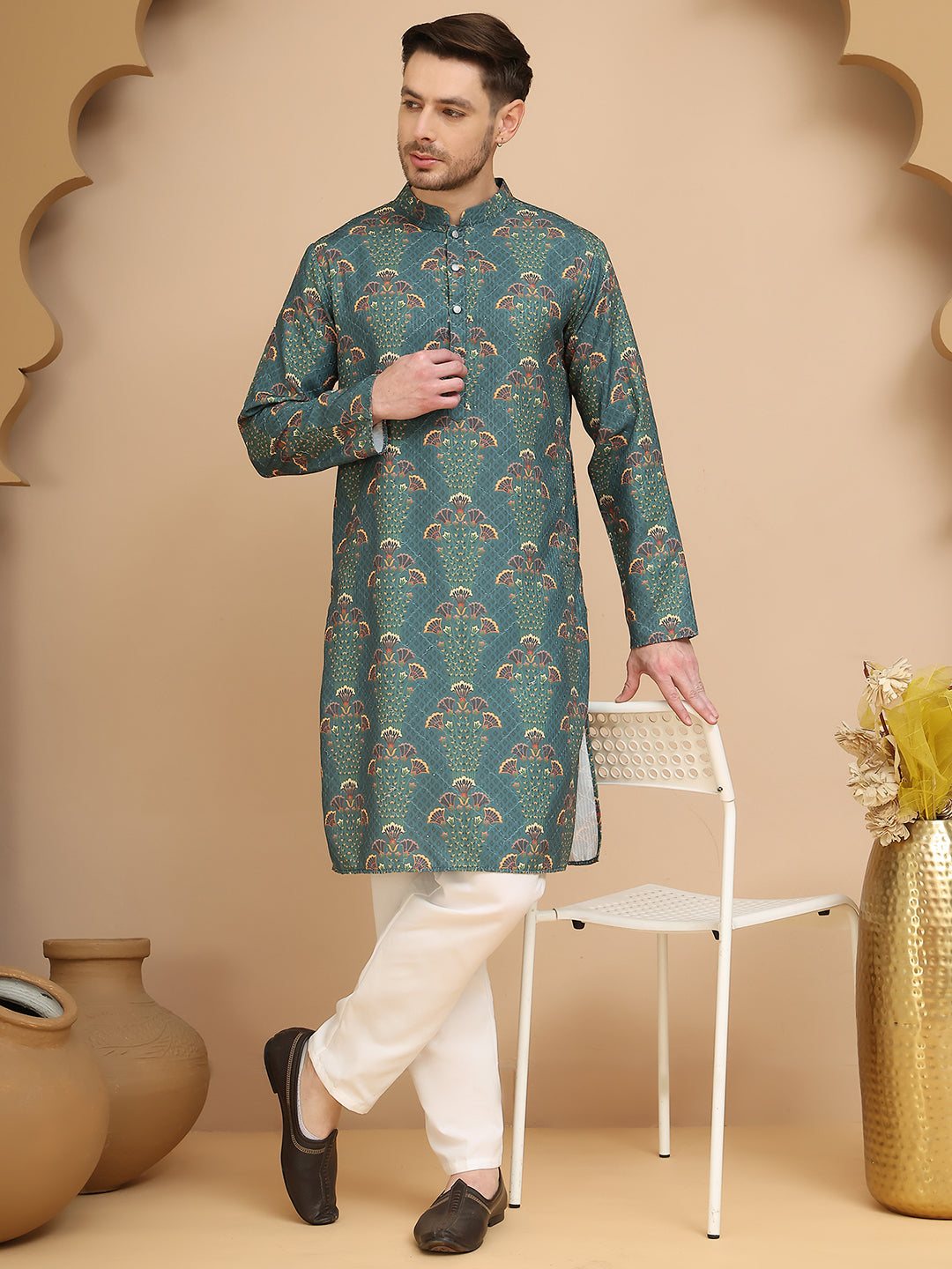 Printed Silk Blend Straight Kurta Set For Men