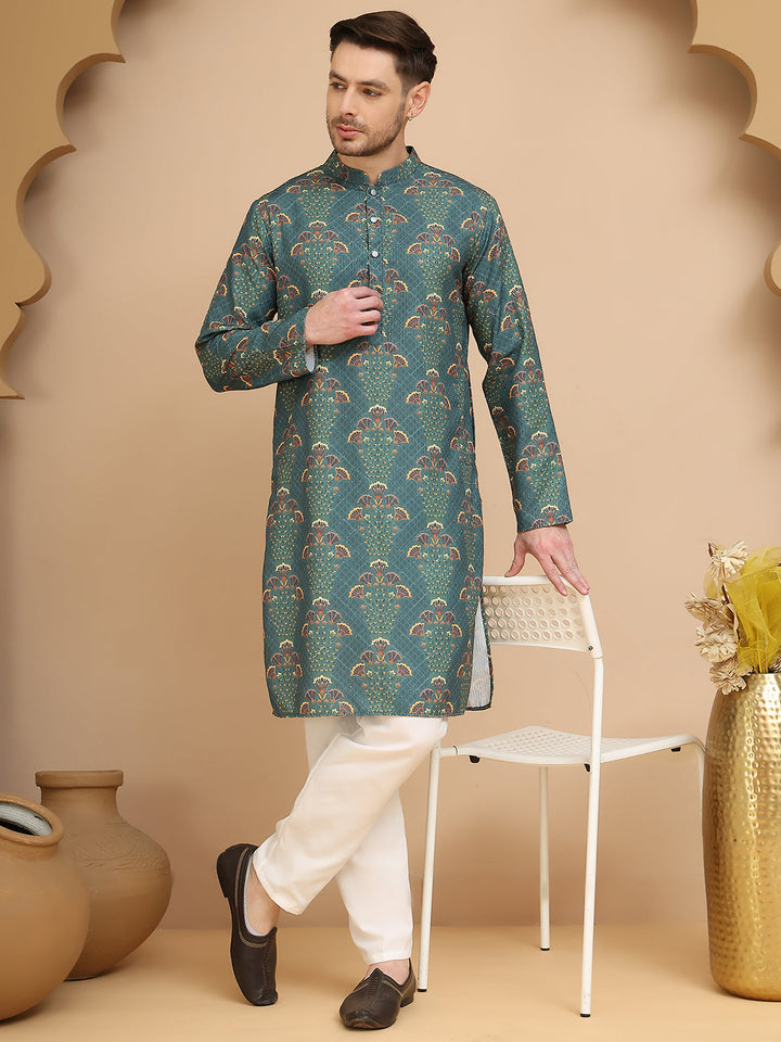 Printed Silk Blend Straight Kurta Set For Men
