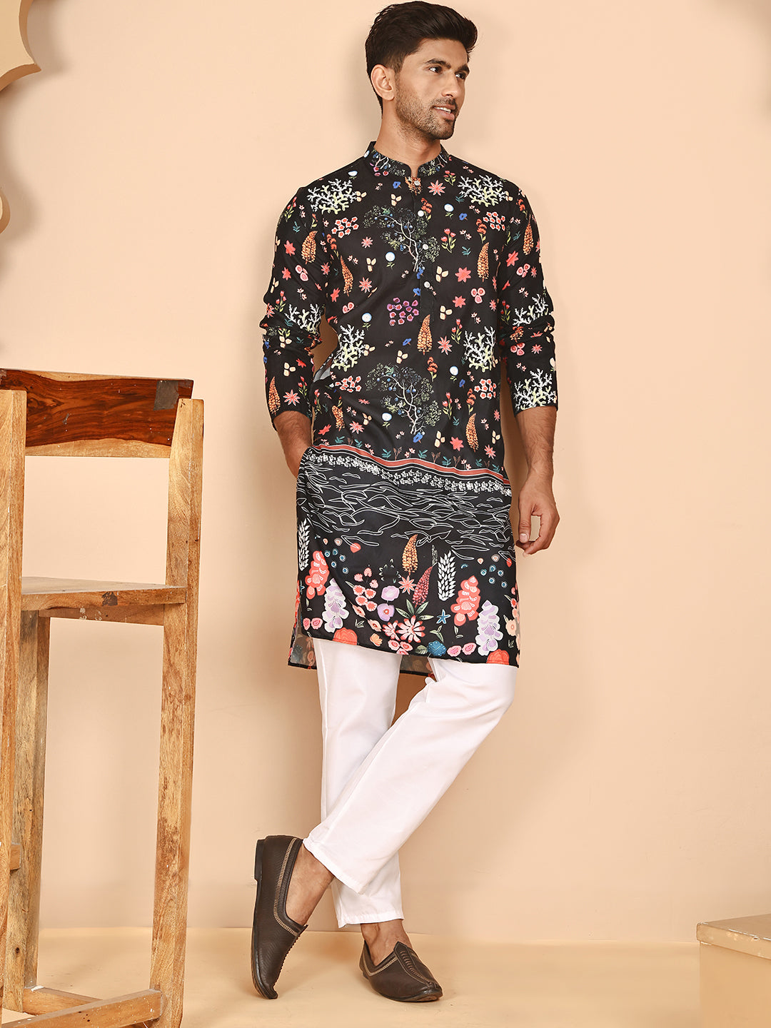 Floral Printed Cotton Blend Kurta Pyjama Set